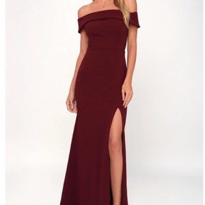 Lulus Aveline Burgundy Off-the-Shoulder Maxi Dress